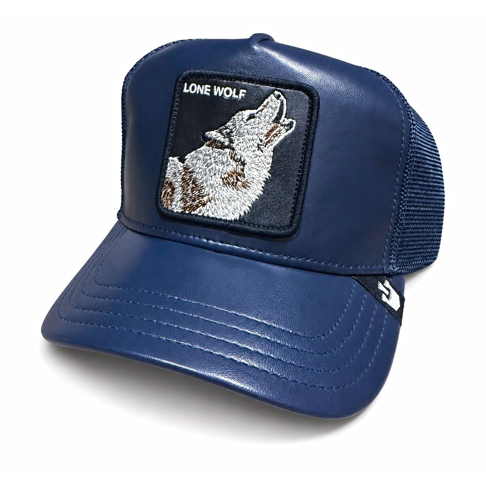 Lone Wolf Howling Faux-Leather Trucker Hat Mesh Back Blue Unisex Adults One Size